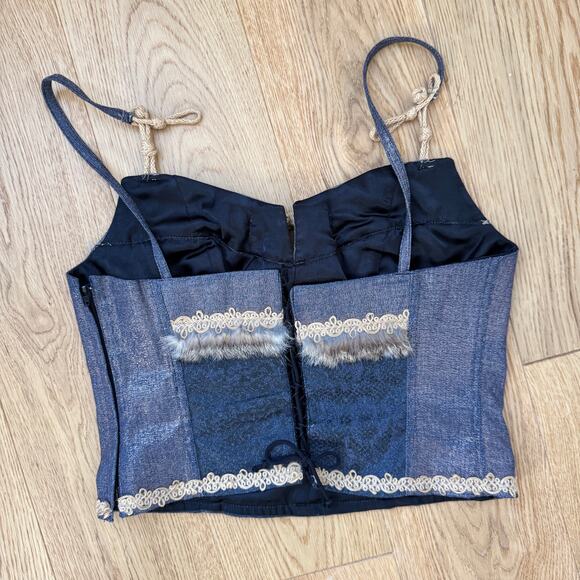 Vintage Italian Denim Corset Top with Fur Trim & Lace-Up Back (M) - Picture 9 of 11